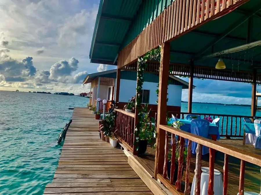 Beautiful overwater deck at Bihing Angan Water Chalet, a floating paradise near Semporna.