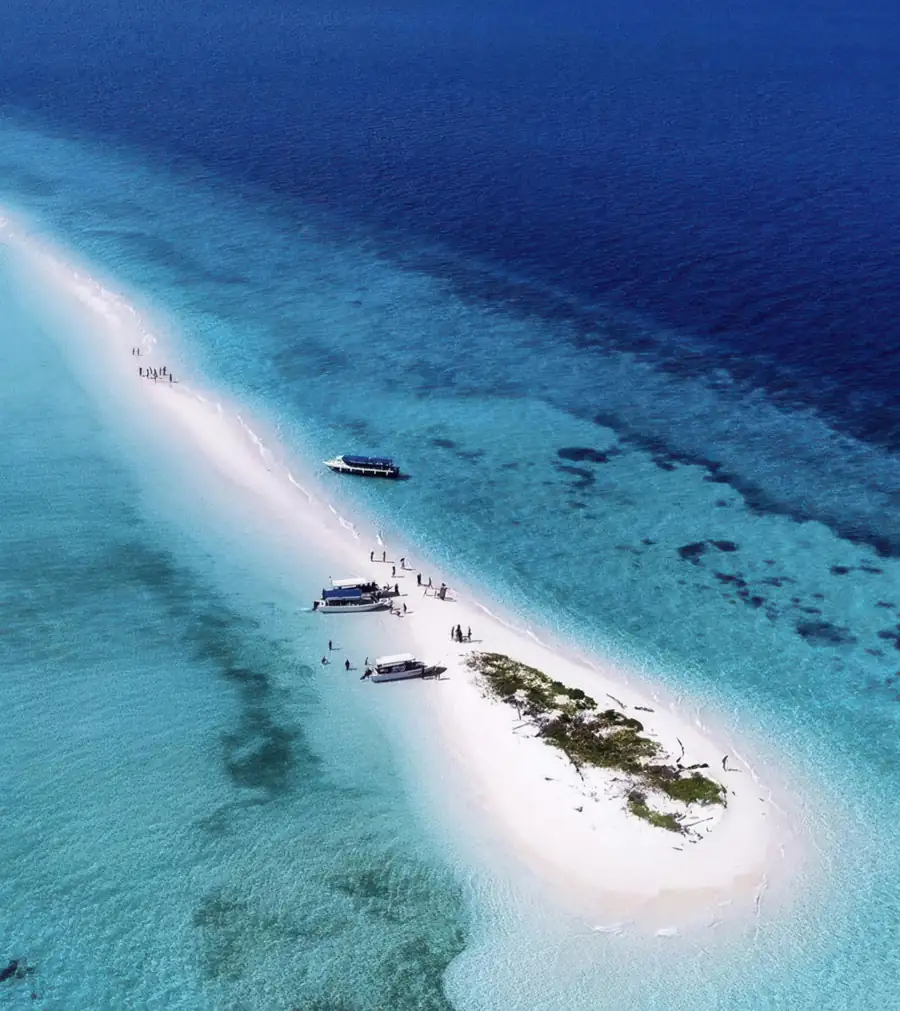 Aerial drone view of the island hopping route Bihing Angan Water Chalet